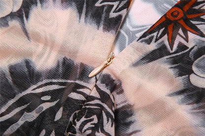 Sheer mesh abstract contrast see through long sleeve high neck jumpsuit