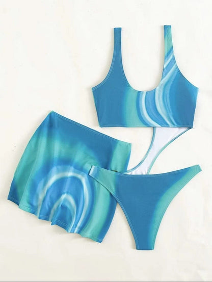 Hollow out o ring contrast drawstring one piece swimwear with cut out mini skirt