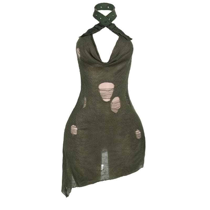 Halter cowl neck knitted buckle see through mini dress