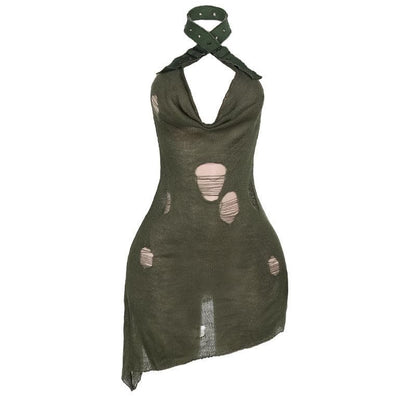 Halter cowl neck knitted buckle see through mini dress