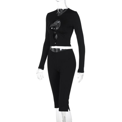 Long sleeve hollow out bowknot pant set