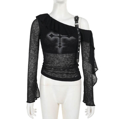 Off shoulder long sleeve ruffle cross pattern buckle top
