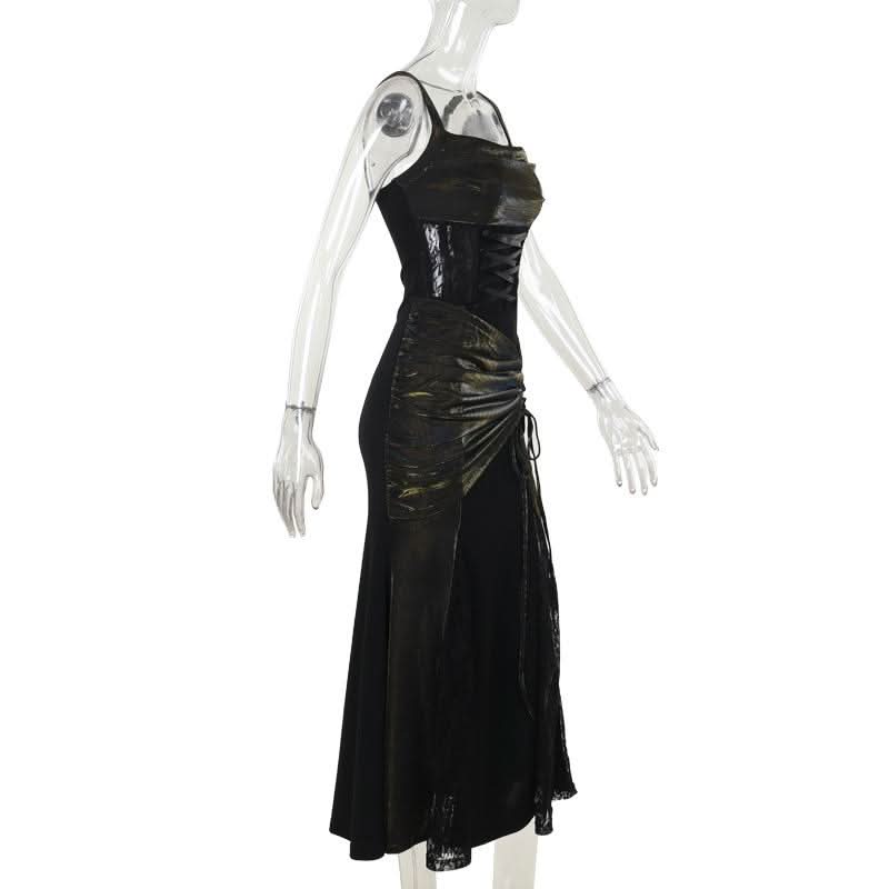 Square neck ruched lace up lace hem maxi dress