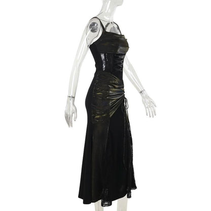 Square neck ruched lace up lace hem maxi dress