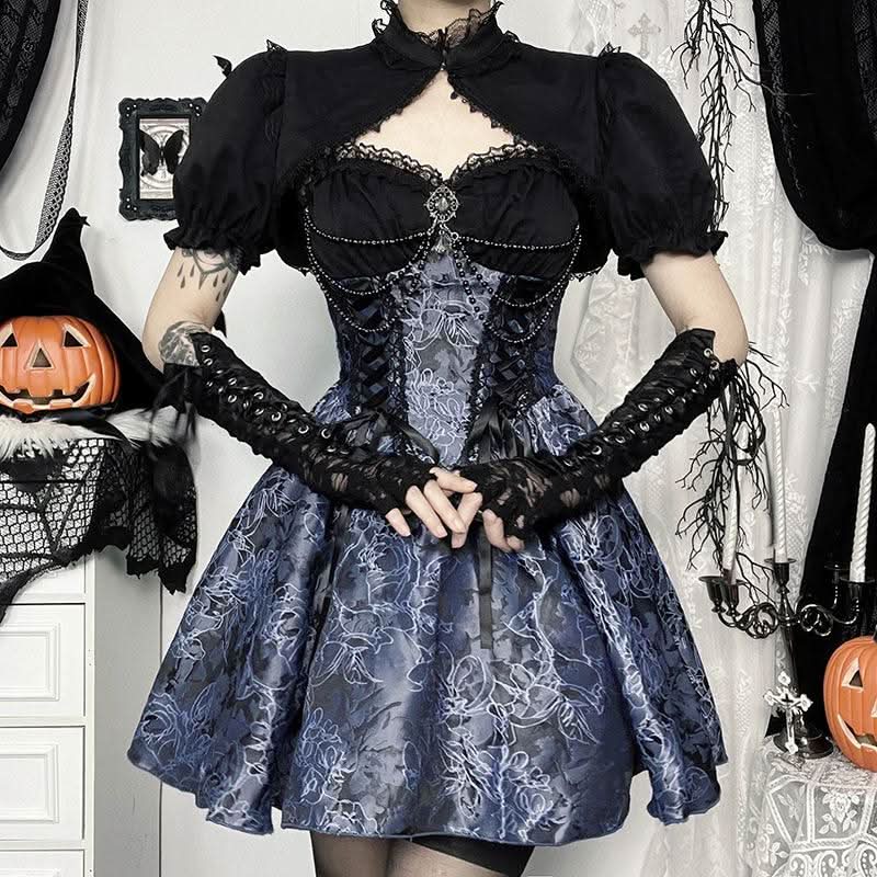 Puff sleeve lace hem button shrug top