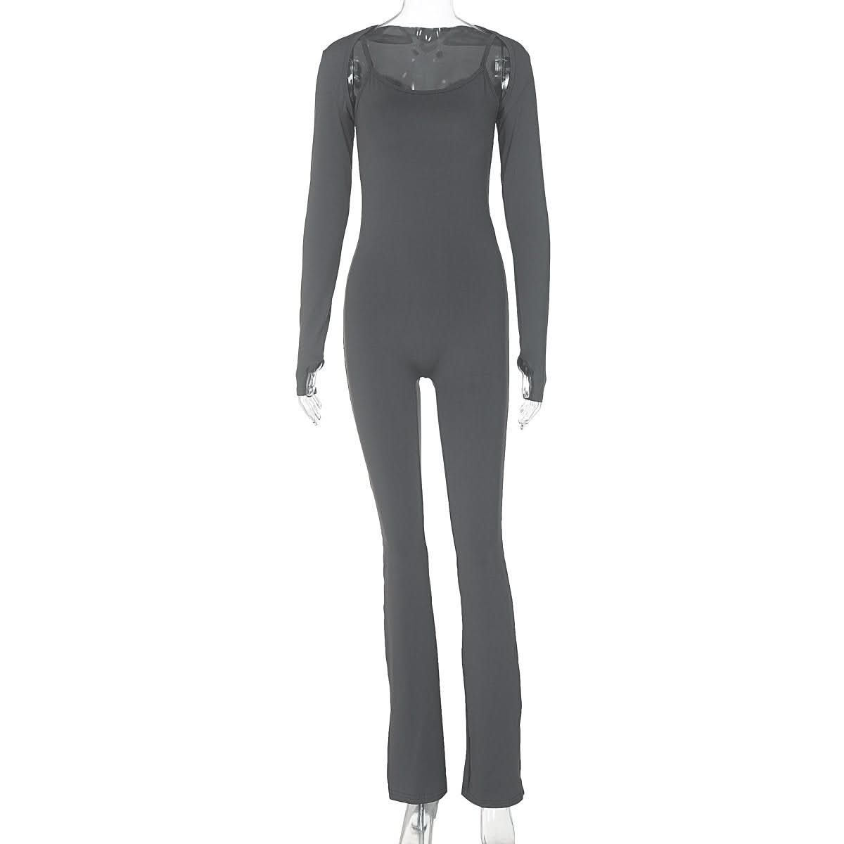 U neck long sleeve solid shrug 2 piece cami jumpsuit
