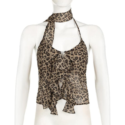 Halter leopard print ruffle chiffon top