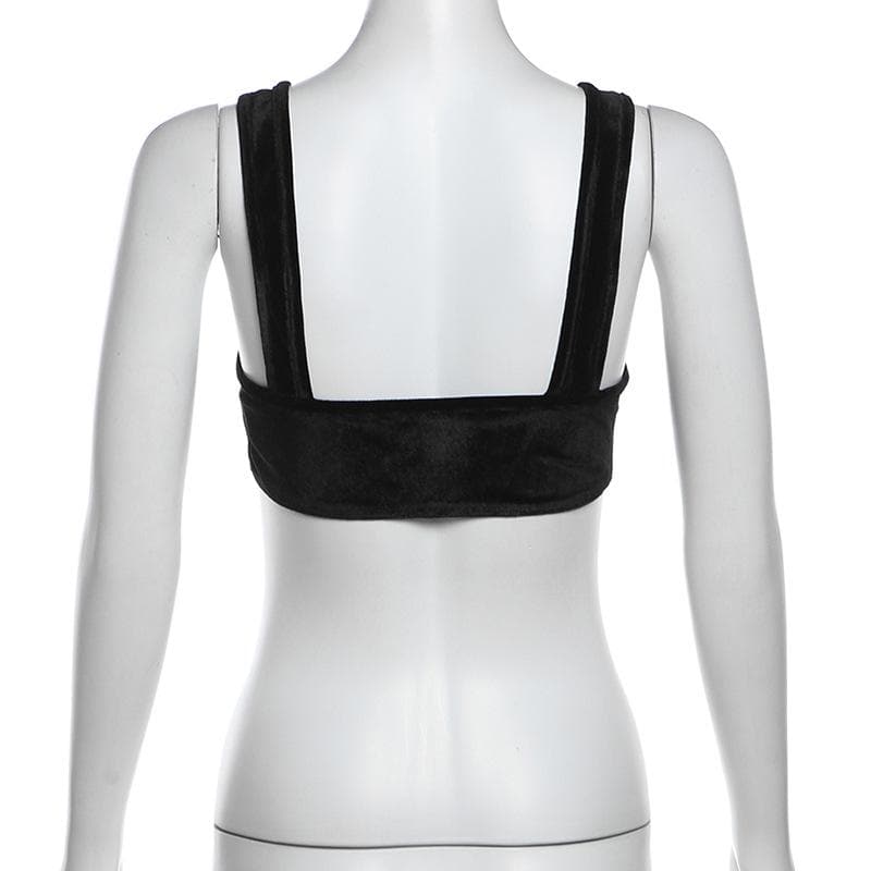Velvet hollow out solid backless crop cut out top