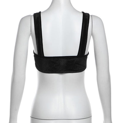 Velvet hollow out solid backless crop cut out top