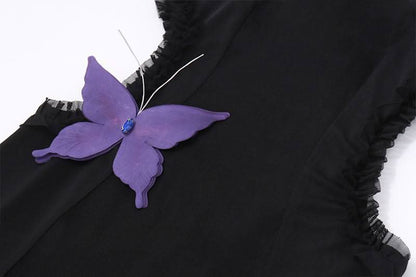 Halter butterfly applique hollow out mesh cut out maxi dress