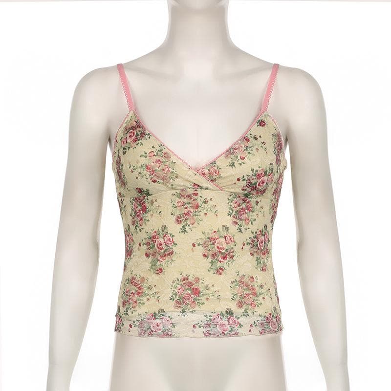 V neck lace flower print cami top
