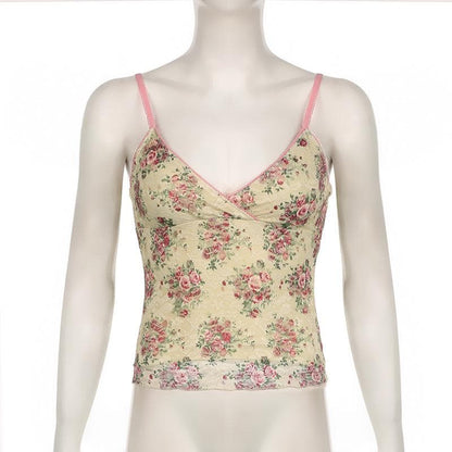 V neck lace flower print cami top