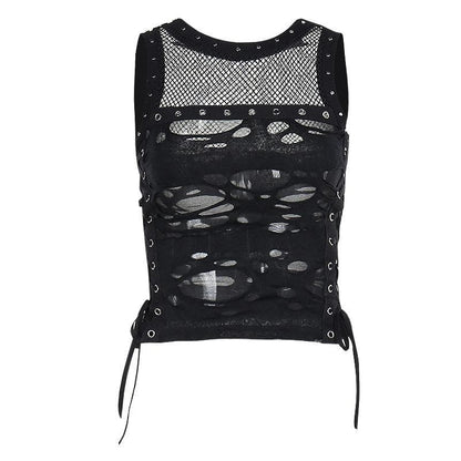 Crewneck fishnet buckle hollow out lace up tank cut out top