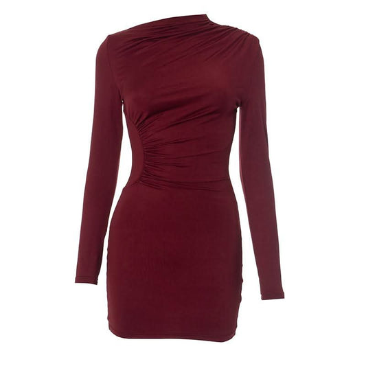 Long sleeve ruched irregular solid mini dress