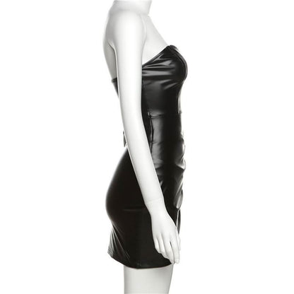 Sweetheart neck PU leather backless mini dress