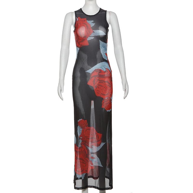 Sleeveless flower print mesh see through maxi dress
