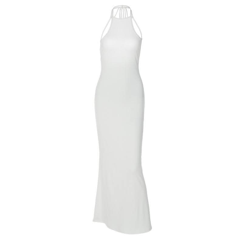 Halter solid sleeveless backless self tie maxi dress-final-sale