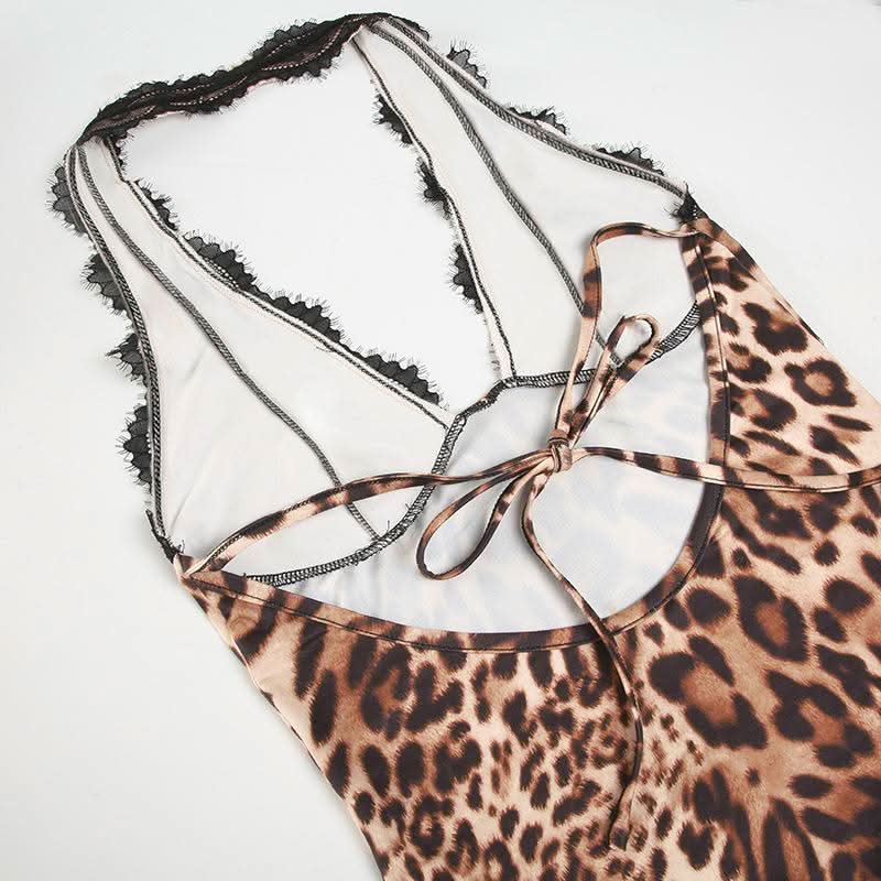 Halter leopard print backless lace mini dress