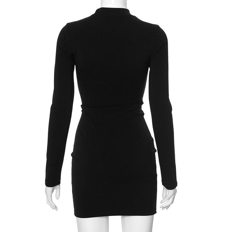 Heart hollow out long sleeve solid high neck cut out mini dress