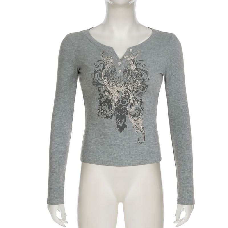 Long sleeve abstract ribbed button top