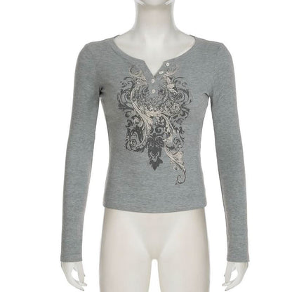 Long sleeve abstract ribbed button top