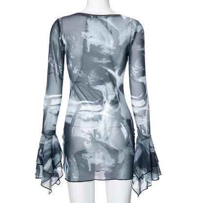 Long flared sleeve sheer mesh print ruffle mini dress