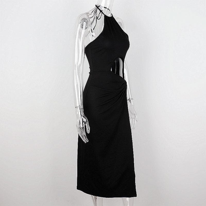 Halter Neck Circular Cutout Ruched Side Slit Maxi Dress