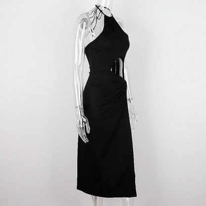 Halter Neck Circular Cutout Ruched Side Slit Maxi Dress