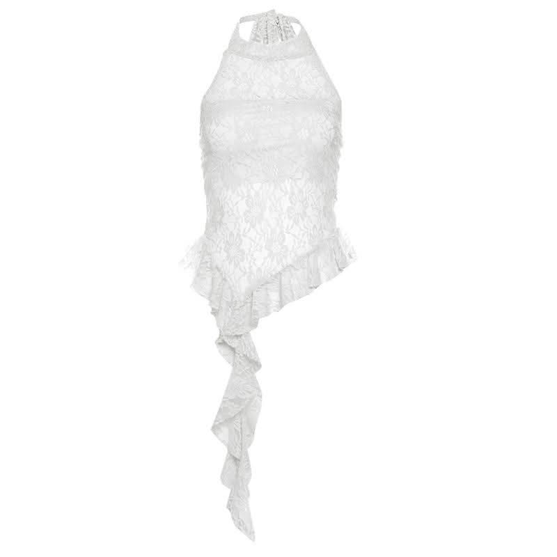 Halter mesh ruffle backless top