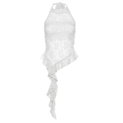 Halter mesh ruffle backless top