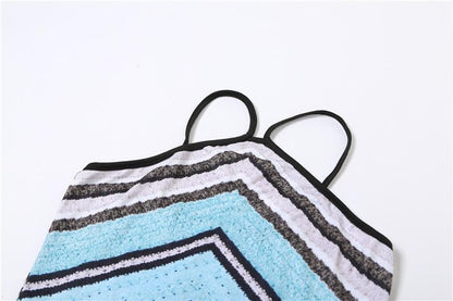 Halter Spaghetti Strap Chevron Print Contrast Bodice Bodycon Maxi Dress
