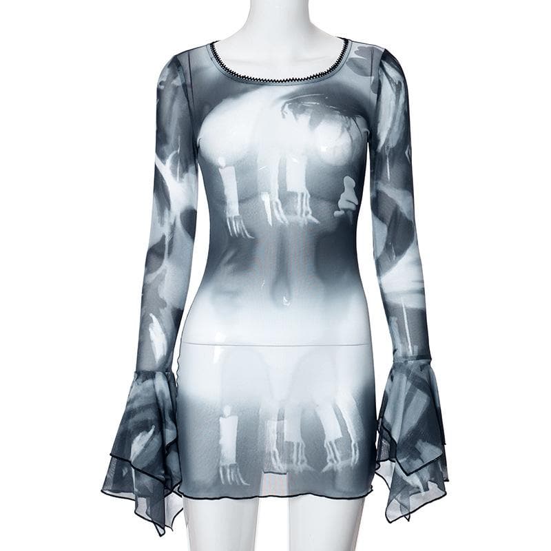 Long flared sleeve sheer mesh print ruffle mini dress