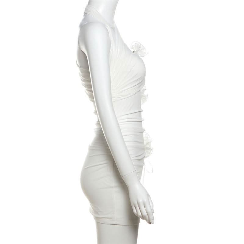 Halter flower applique mesh mini dress