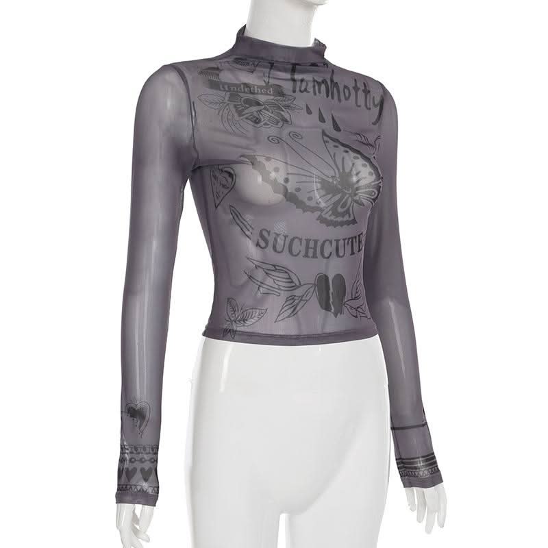 High neck long sleeve mesh butterfly print top