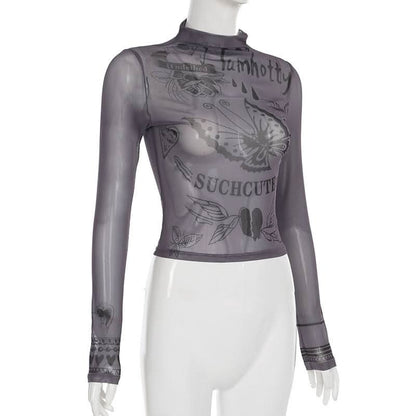 High neck long sleeve mesh butterfly print top