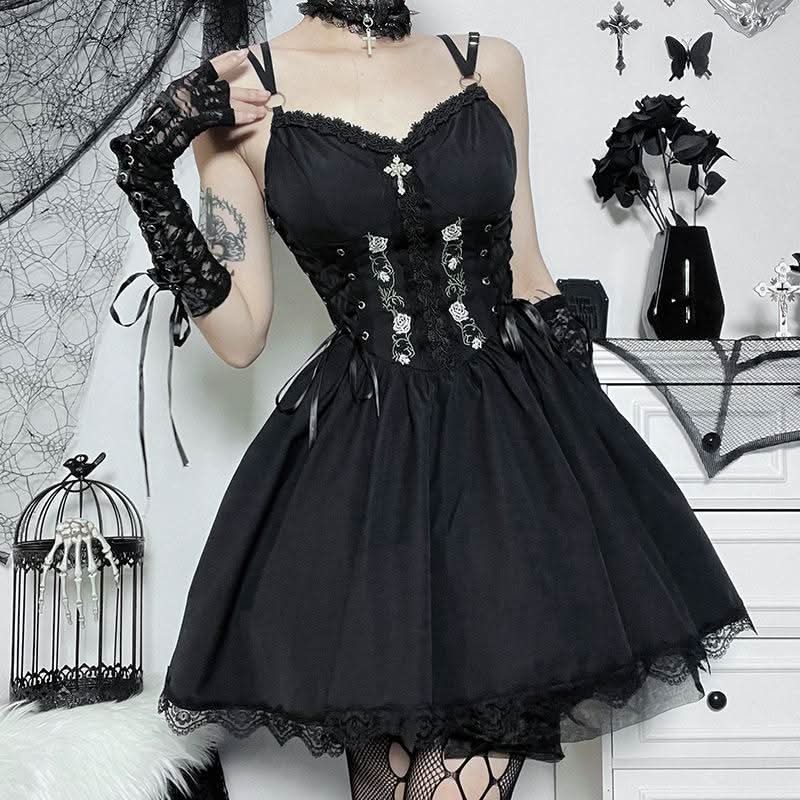 Sweetheart neck embroidery ruffle lace up cami mini dress