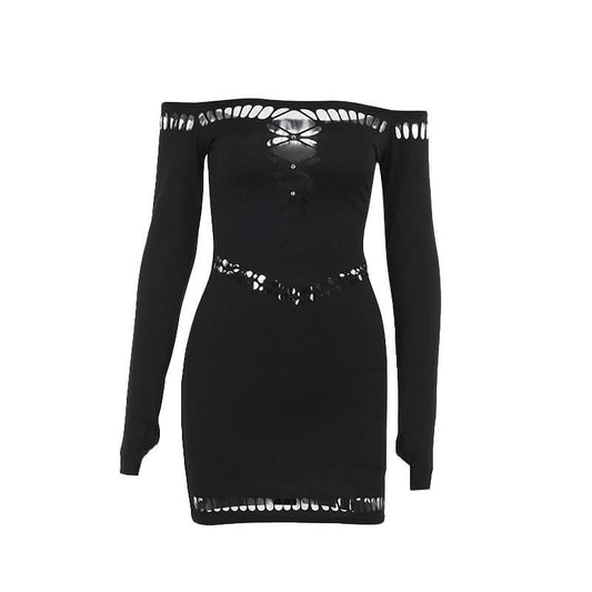 Off shoulder long sleeve gloves hollow out cut out mini dress