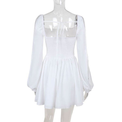 Long sleeve self tie square neck smocked mini dress