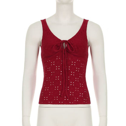 Hollow out v neck self tie textured tank cut out top