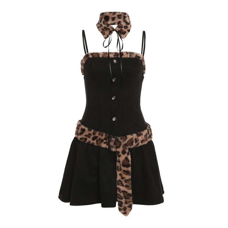 Fluffy leopard print patchwork button zip-up cami mini dress