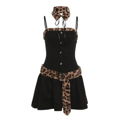 Fluffy leopard print patchwork button zip-up cami mini dress