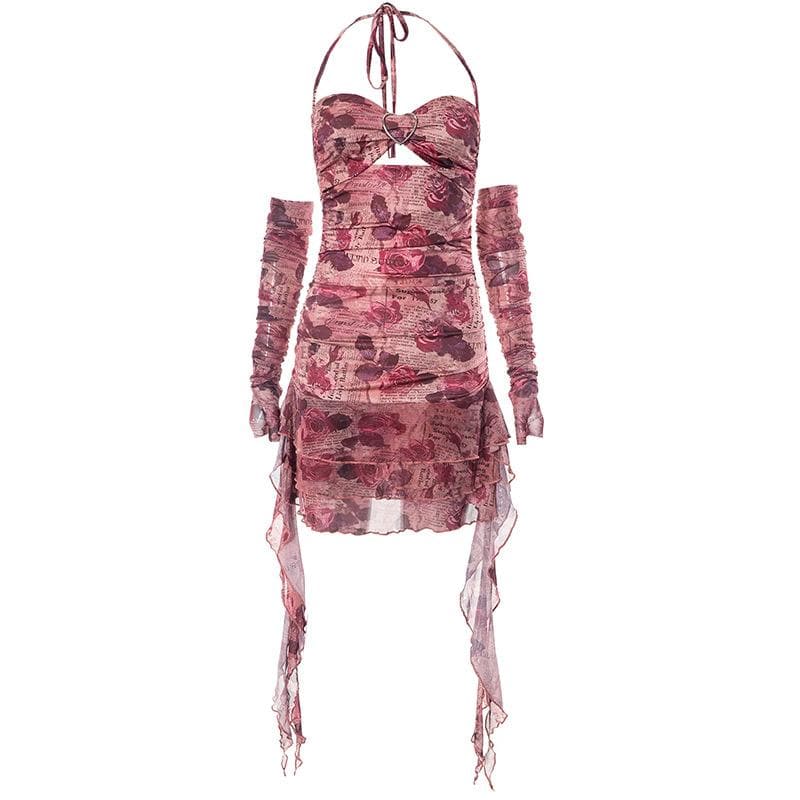 Newspaper Floral Print Halter Heart Buckle Cutout Ruched Ruffle Mini Dress