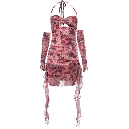 Newspaper Floral Print Halter Heart Buckle Cutout Ruched Ruffle Mini Dress