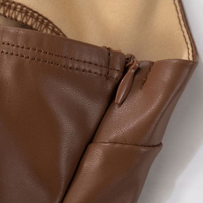 U neck PU leather zip-up backless solid mini dress