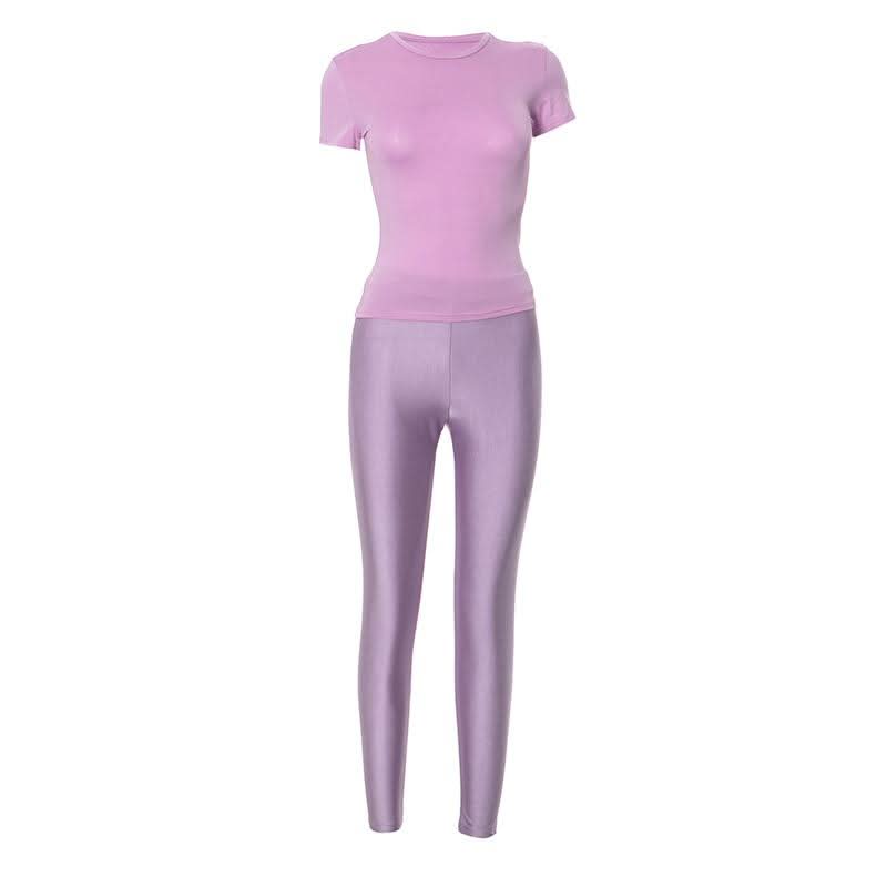 Short sleeve crewneck high rise solid pant set