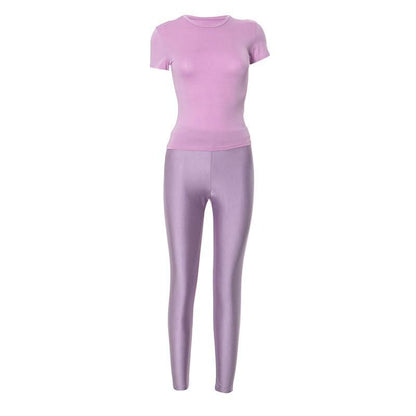 Short sleeve crewneck high rise solid pant set