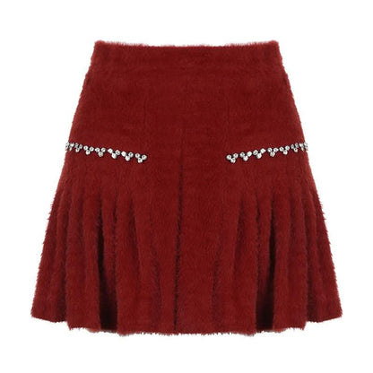 Fluffy beaded pleated mini skirt