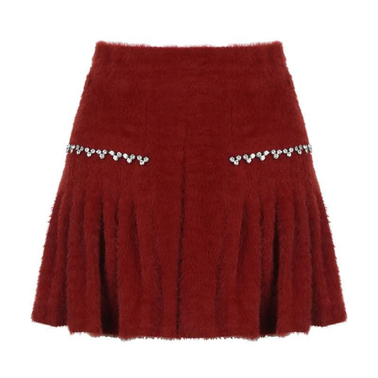 Fluffy beaded pleated mini skirt
