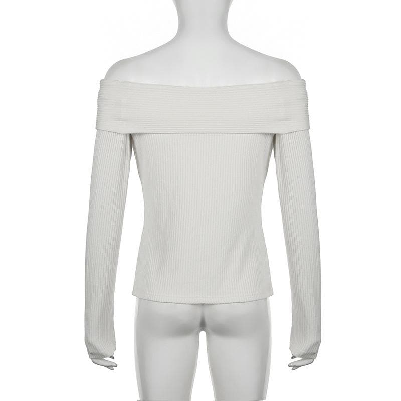 Knitted off shoulder buckle long sleeve solid top