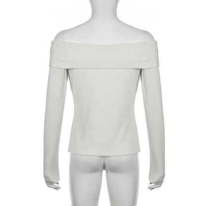 Knitted off shoulder buckle long sleeve solid top